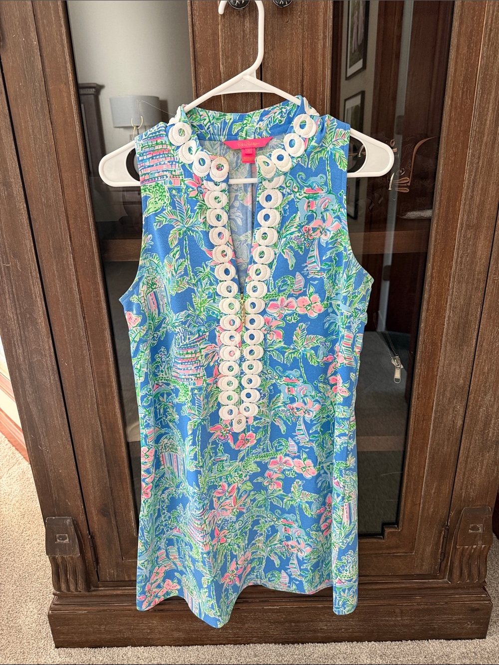 Lilly Pulitzer Sleeveless Blue Tropical Shift Dress with White Embellished Trim